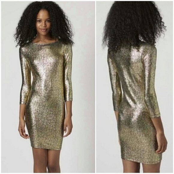 NWOT Topshop Metallic Gold Snakeskin Stretch Bodycon Dress - Picture 2 of 7